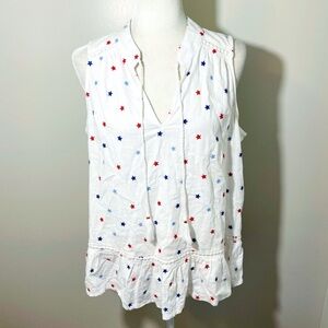 CROWN & IVY White with Red & Blue Embroidered Stars Sleeveless Linen Blend Tank